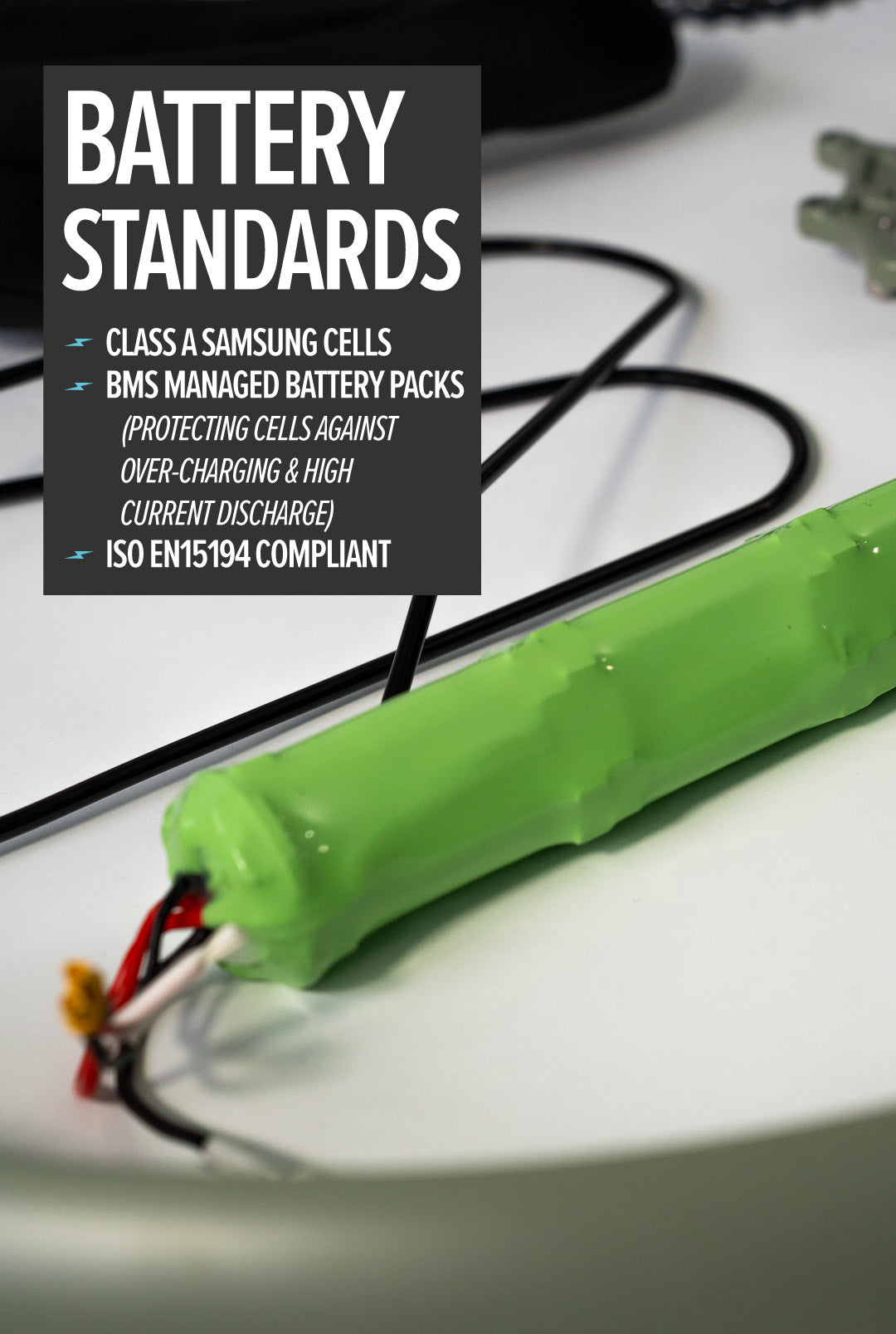 Estarli take pride in battery standards. Our battery packs are ISO EN15194 compliant and contain Class A Samsung cells within a BMS managed battery pack.